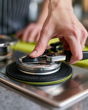 Hand Using Jar Opener Clamp on Stainless Steel Stove