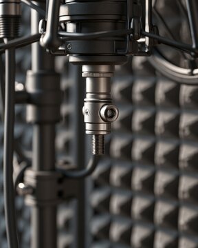 Close-up of microphone clamp screw in podcast recording setup
