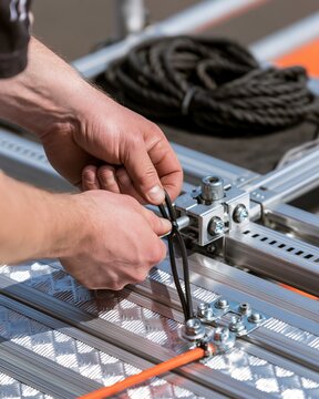 Hands tying cable tie on aluminum ramp hinge pin for accessible event setup