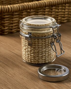 Glass Jar with Woven Basket Insert on Wooden Surface