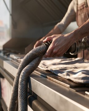 Food Truck Worker Attaching Hose Sleeve on Metal Counter for Safety Prep