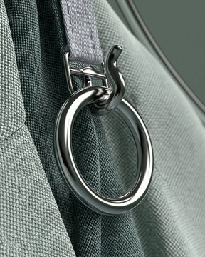 Close-up of metal ring hanger on textured fabric sleeve