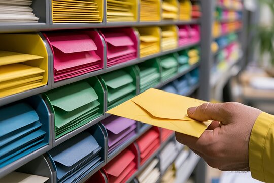 Clerk Hand Holding Yellow Envelope in Billing Office Color-Coded Shelf