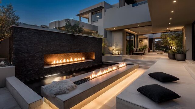 Elegant modern patio with built in fireplace and minimal decor warm firelight soft ambient lighting spacious layout high end outdoor design