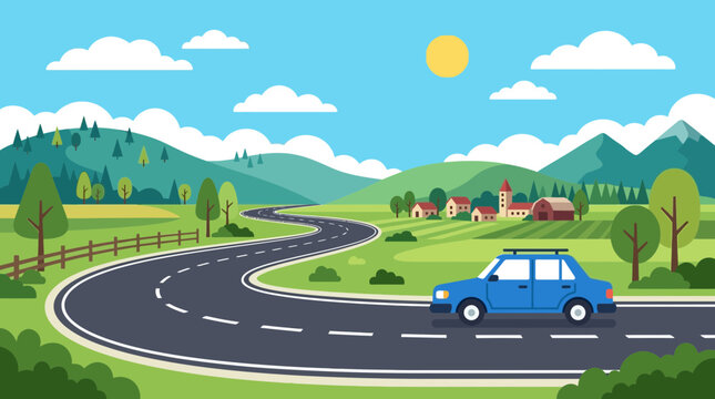 Blue Sedan Car Driving on a Scenic Winding Road Through Beautiful Green Rolling Hills and Rural Countryside Landscape Illustration