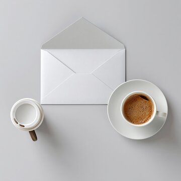 Open White Envelope with Coffee Cups on Gray Surface for Employee Recognition