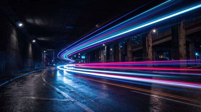 Long exposure night city traffic light trails on wet urban highway road underpass