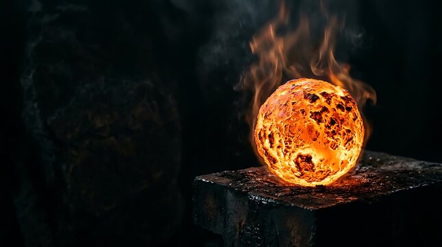 Glowing hot spherical metal orb burning intensely on a workshop workbench with glowing sphere