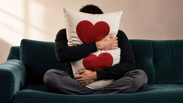 Anonymous Person Hiding Behind Two Heart Pillows for Emotional Comfort