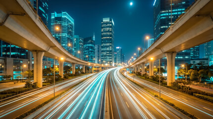 Naklejka premium Long exposure night traffic light trails on urban highway with illuminated skyscrapers