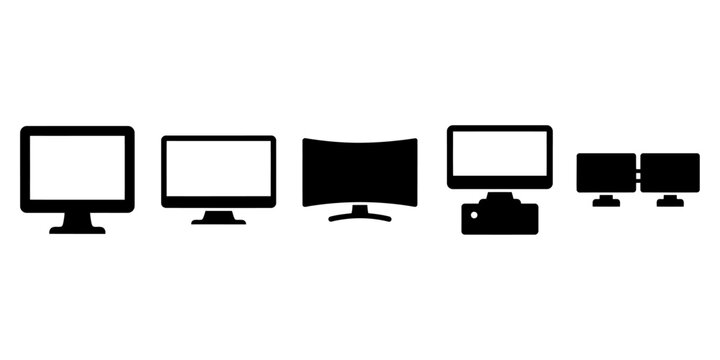 Five different computer monitors and tv setups in black and white