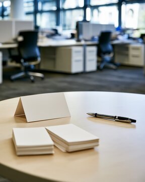 Blank desk name card and pen for workplace adjustment consult in modern office