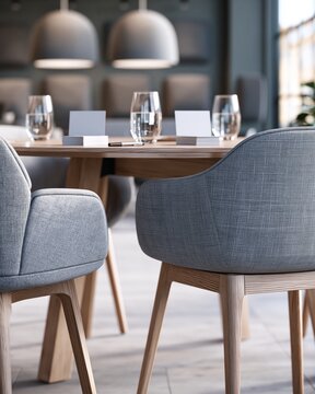 Modern corporate meeting room table setup with chairs and glassware