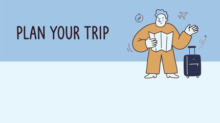 Fototapeta premium Travel planning banner with cartoon tourist, man holding paper map with suitcase, plan your trip text on blue background