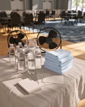 Cooling Center Supply Table with Water Bottles, Fans, Towels, and Cards in Community Hall