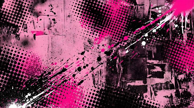 Pink and black grunge background with halftone dots and paint splatters