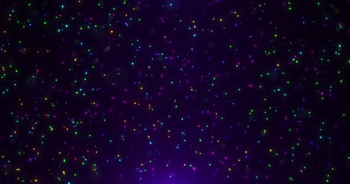 Abstract multicolored glowing particles scattered across a dark cosmic background, creating a vibrant starfield effect with depth, sparkle, and futuristic digital atmosphere.