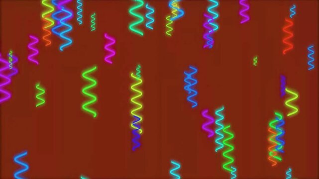 Colorful neon glowing squiggly spiral lines falling down against solid dark red background motion abstract party confetti streamers motion abstract party confetti streamers