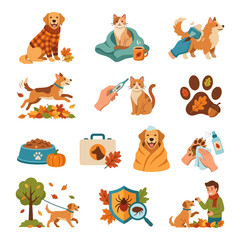 Fototapeta premium Autumn Pet Care Activities Vector Illustration Set. Modern Flat Icons for Dogs and Cats, Featuring Grooming, Playtime, Medical Check-ups, Health, and Seasonal Fun