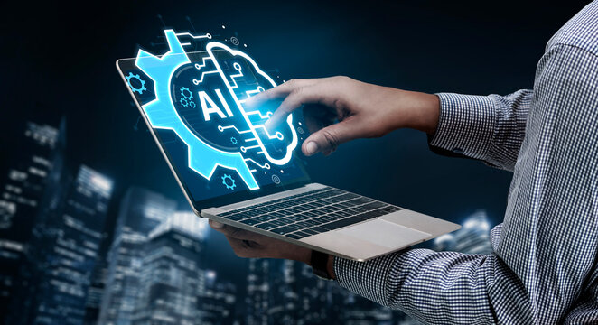 Concept of Artificial Intelligence combining industrial automation with cognitive technology. A machine learning brain processes information to optimize mechanical systems and workflows. Fermion