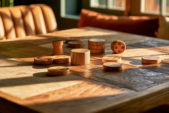 Wooden tokens on a board game cafe table in warm daylight