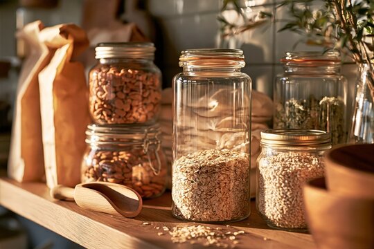 Glass Pantry Jars with Oats and Beans on Sunlit Kitchen Shelf