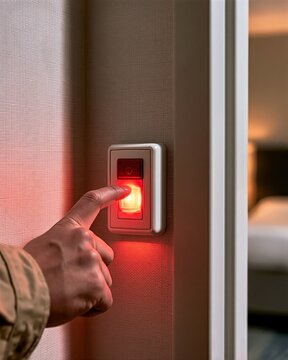 Technician Testing Wall-Mounted Visual Fire Alarm in Hotel Room