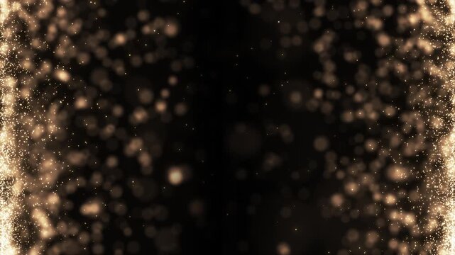 Abstract golden bokeh particles floating around a dark center, creating a luxurious sparkling background with elegant motion, concept of golden particles for celebrating birthdays and holidays.