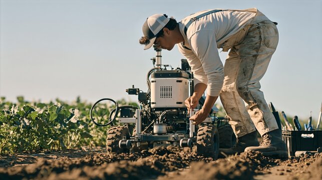 Farm Technician Adjusting an Autonomous Weeding Rover in a Vegetable Field