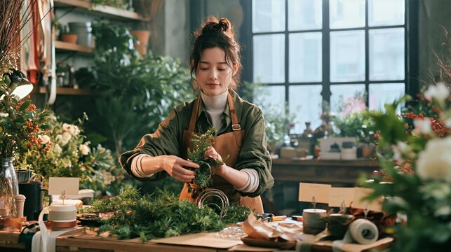Florist Crafting a Seasonal Evergreen Wreath in a Flower Shop