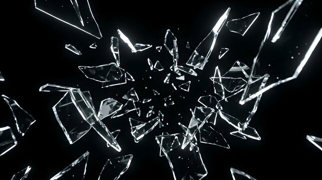 Shattered glass fragments flying in motion against a dark background