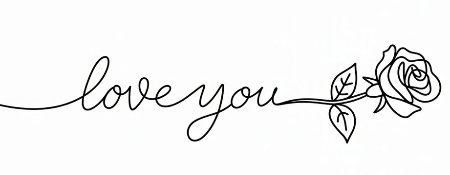 Continuous line of a blooming rose flower with the handwritten text love you, black ink on a white background, romantic minimalist for greeting cards or wedding decor