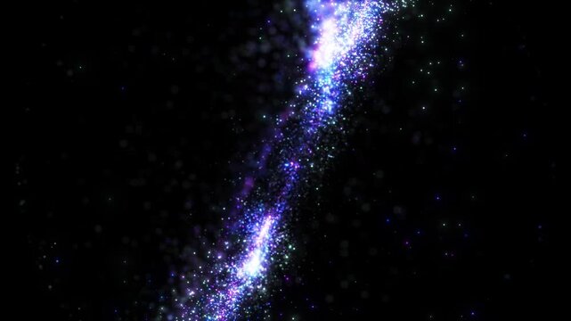 Abstract blue and purple cosmic particles forming a luminous galactic stream through deep space, creating a futuristic celestial background with depth and motion.