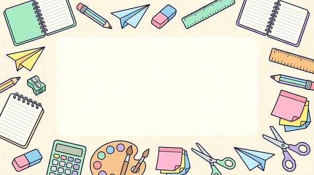 Colorful hand drawn school supplies border frame with empty space for text on a light background