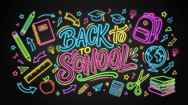 Colorful neon style back to school lettering with hand drawn education supplies on a black background
