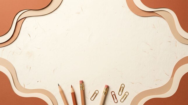 Minimalist flat lay background with stationery items on a textured paper surface with decorative wavy layered borders