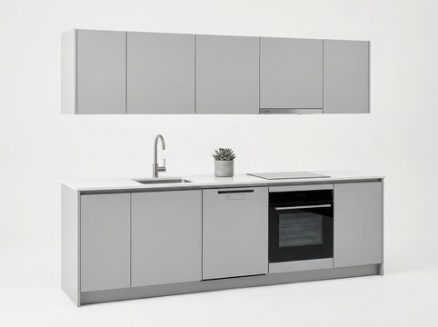 Minimalist linear light gray kitchen setup with builtin appliances isolated on white background
