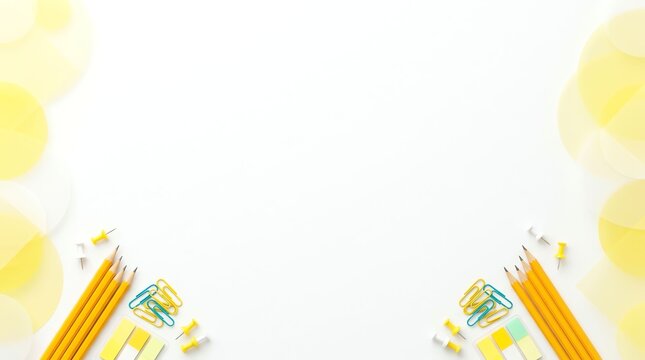 Top view of school supplies with yellow pencils and colorful erasers on a clean white background