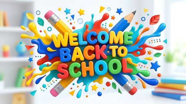 Colorful welcome back to school sign with artistic paint splashes and pencils for education and classroom decoration