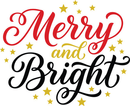 Merry and Bright script typography holiday design with stars