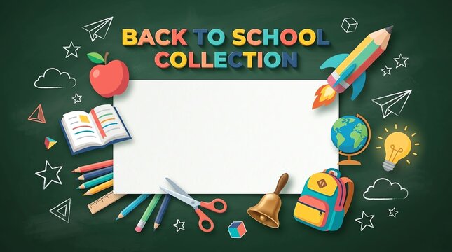 Back to school collection background with colorful stationery items and a blank white paper frame on chalkboard
