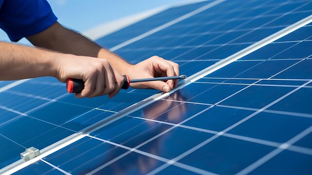 Close up of a technician's hands using a screwdriver to secure a component on a solar panel during a maintenance or installation procedure
