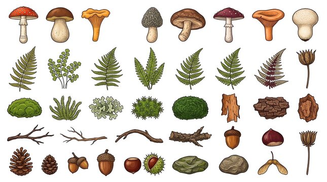 Set of hand drawn forest elements including various mushrooms ferns moss branches acorns and pine cones