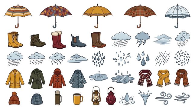 Set of hand drawn autumn and rainy weather elements including umbrellas boots coats and weather icons