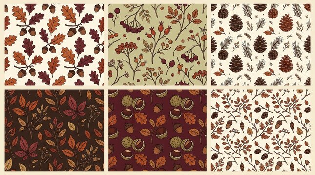 Set of six seamless autumn patterns featuring oak leaves acorns pine cones and seasonal forest botanical elements
