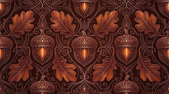 Seamless pattern featuring intricate bronze acorn and oak leaf motifs in a dark vintage decorative style