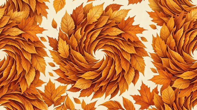 Seamless pattern background featuring a vibrant swirl of dried autumn leaves in shades of orange and brown