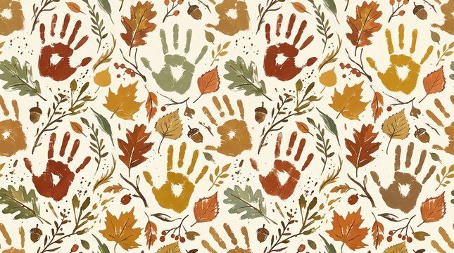 Seamless pattern with colorful handprints and autumn leaves in a rustic fall harvest style design