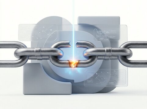 A metallic chain link glows with a bright orange light at its weakest point, symbolizing potential failure or the critical point of connection.