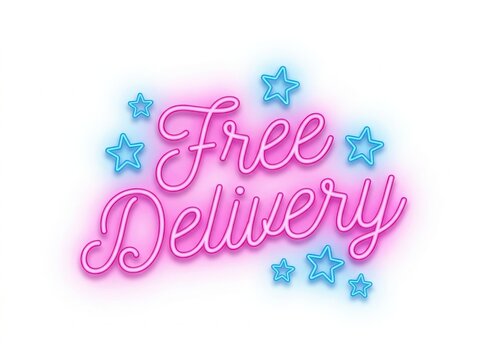 Free delivery neon sign with pink text isolated on white background